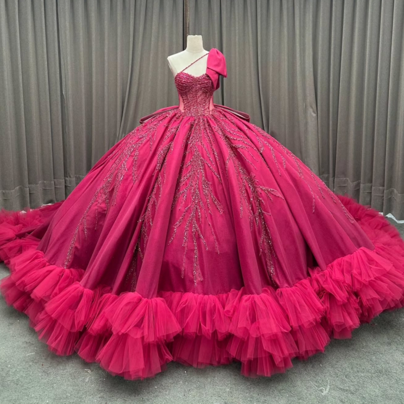 Red Quinceanera Dresses Ball Gown Off The Shoulder Beading Crystal Bow Tiered Tull Party Birthday Sweet 16 Dress Vestidos 15 De Anos
