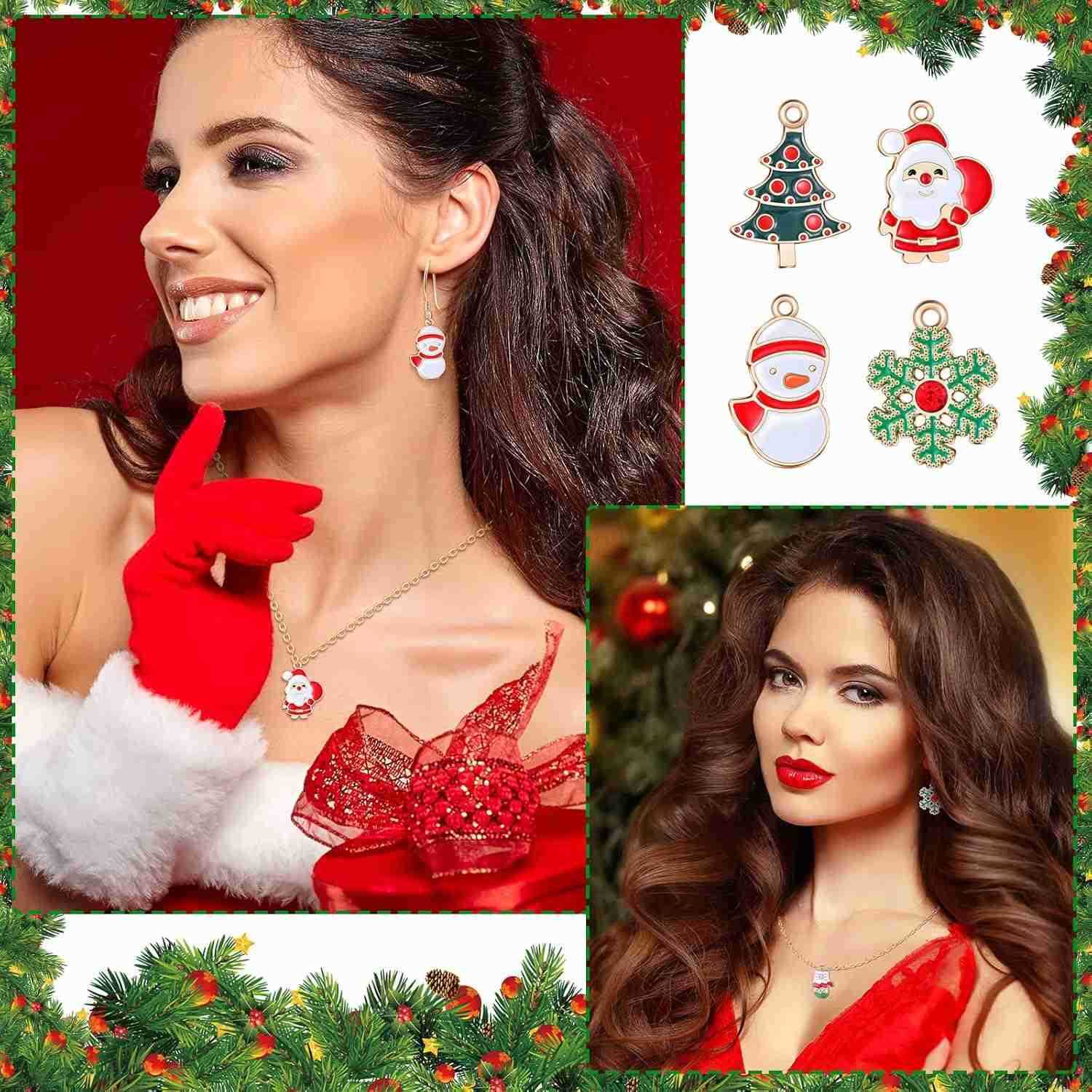 300 Pcs Christmas Charms for Jewelry Making Bulk Gold Enamel Cute Santa Claus Snowman Pendant Christmas Tree Elk Ball Snowflake s Necklaces EarringW25