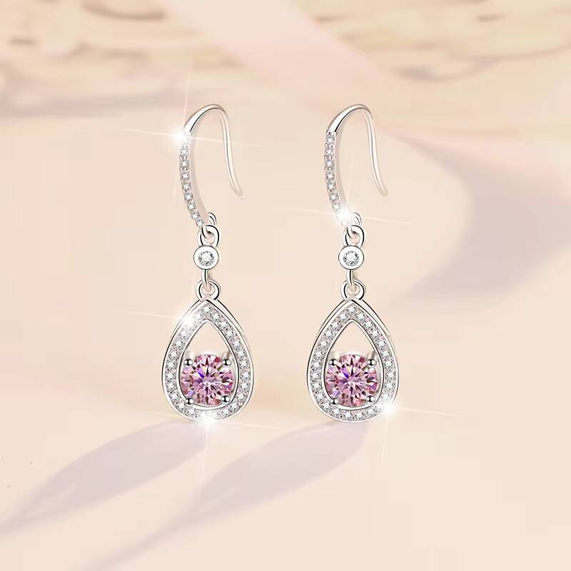 Fine Jewel New Design Round Shape S925 Silver Test Drill Pen 1205Ct Blue Pink Color Moissanite Dangle Earrings