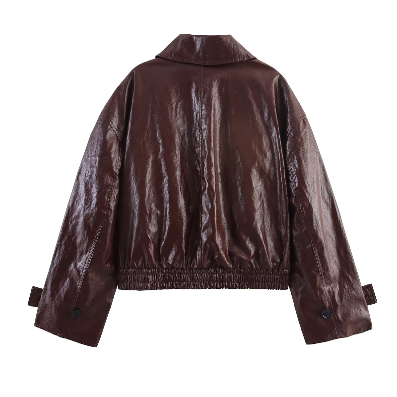 Leather Women's Jacket Burgundy Stand Collar Long Sleeve Asymmetry Button Female Coat Autumn Lady Street Locomotive Outerwear