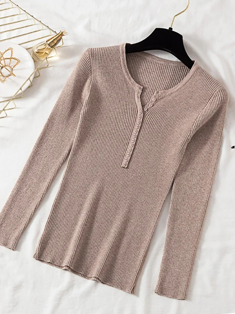 Autumn Winter Button Knitwear V Neck Sweater Women Basic Slim Pullover Sweaters And Pullovers Knit Jumper Ladies Tops 250911