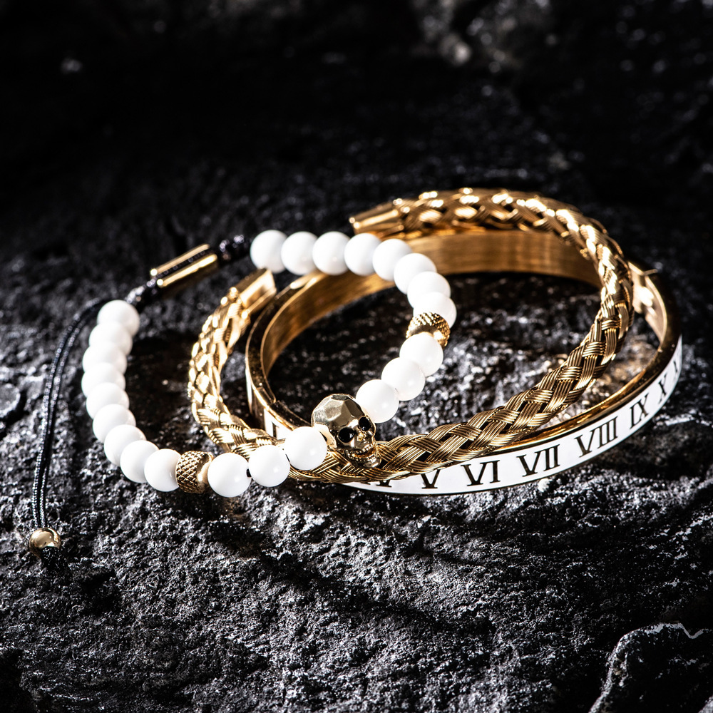 White Bead Crown Bracelet 3 Piece Set Dripping Enamel Stainless Steel Roman Numeral Bracelet for Men