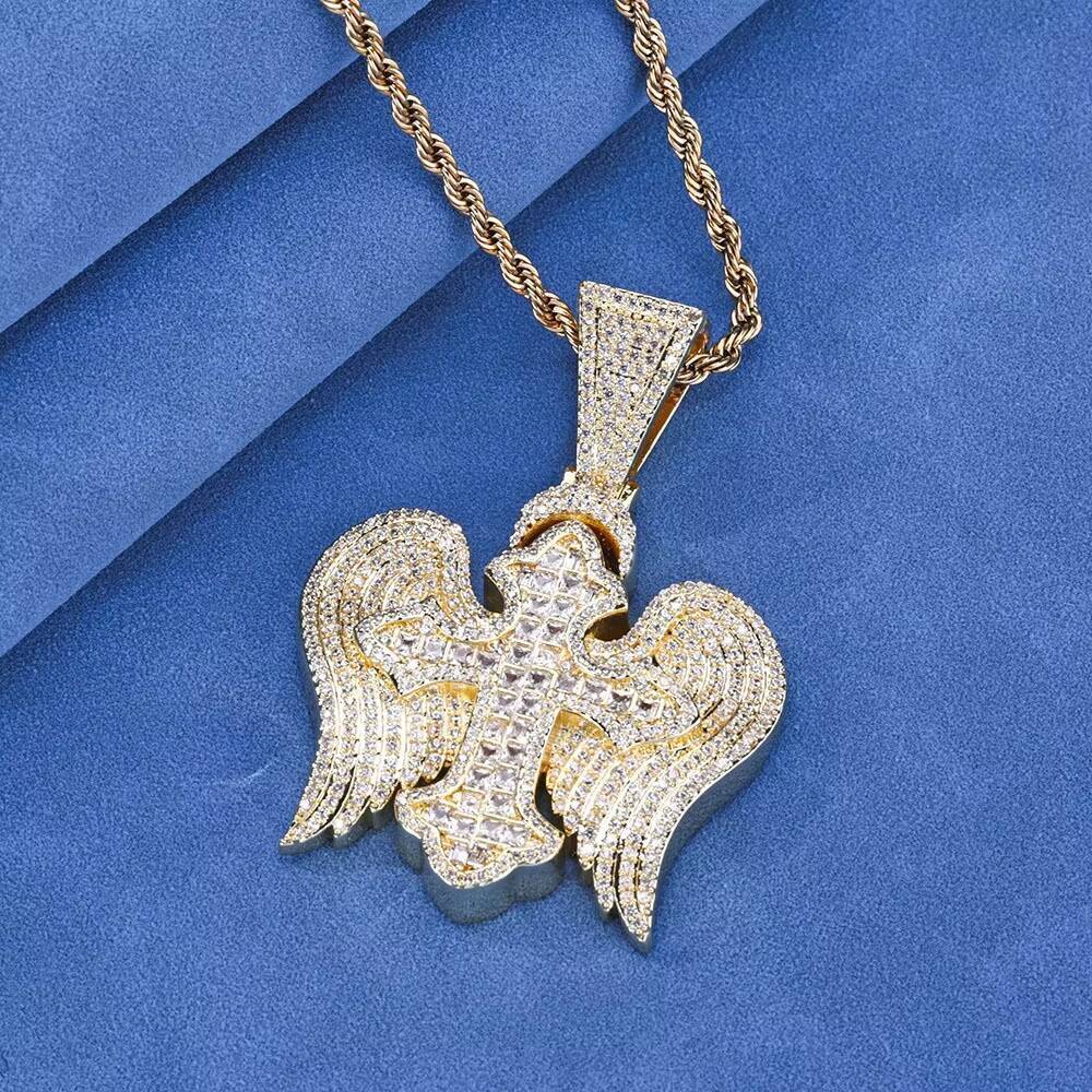 Popular Retro Cross Wings Zircon Pendant Personalized Hip Hop Necklace for Men Brass Jewelry with Rope Chain for Anniversaries