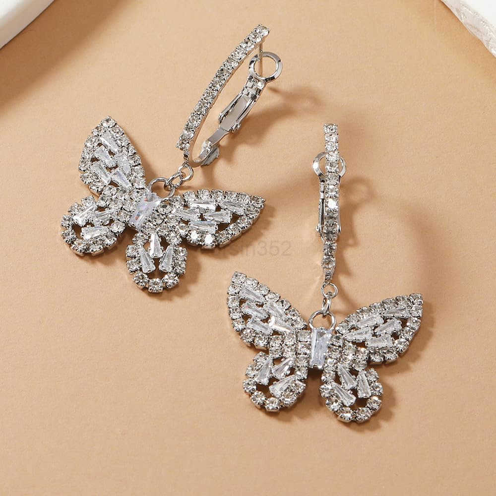 Butterfly Dangling Earrings Crystal Rhinestone CZ Drop Earrings For Women 14K GoldWhite Gold Plated Earrings Hypoallergenic Nickel Free Cute Charms Da
