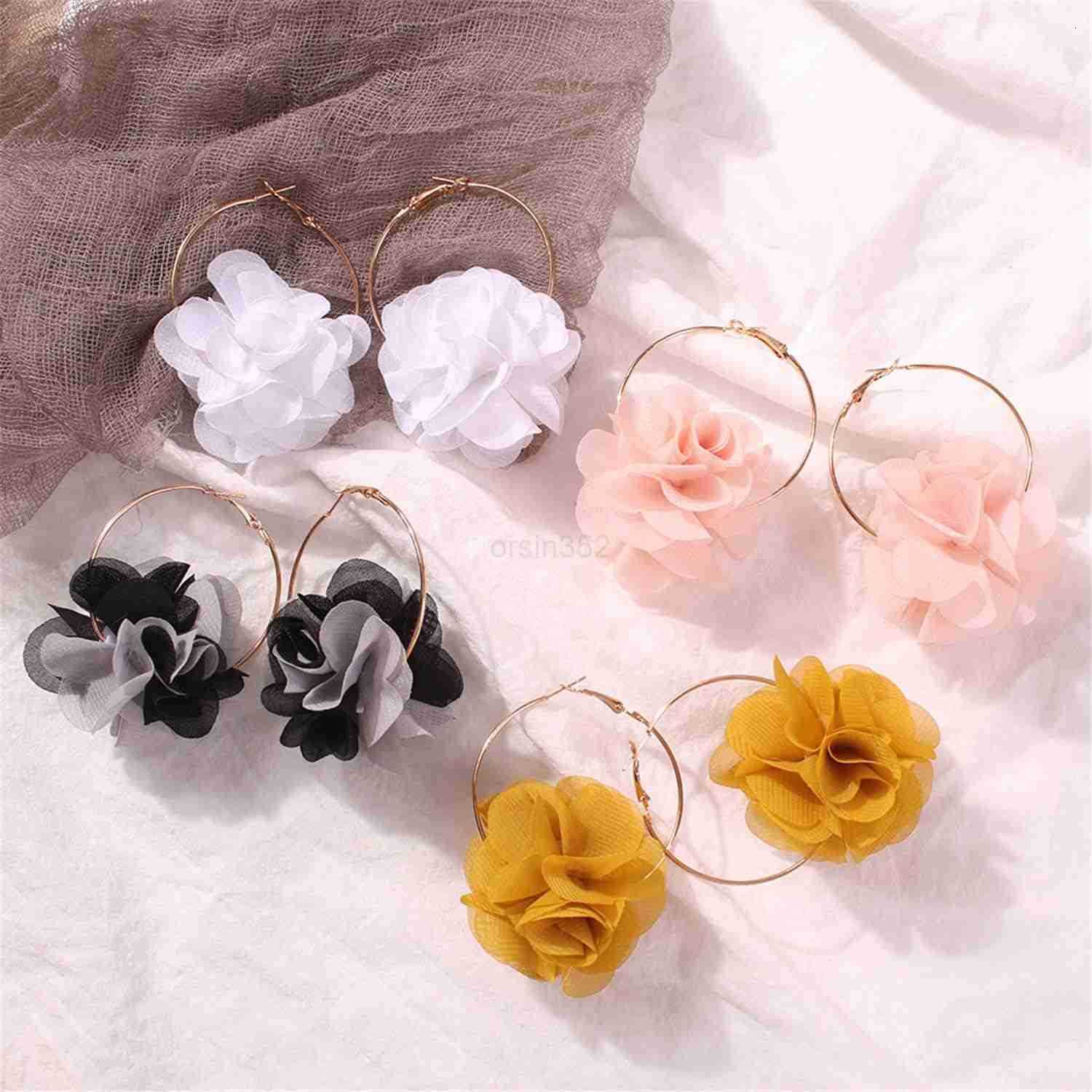 Big Fabric Flowers Dangle Drop Earrings Handmade Charm Chic Petal Hoop Earrings with Chiffon Floral Tassel for Women Vacation WeddingW250911