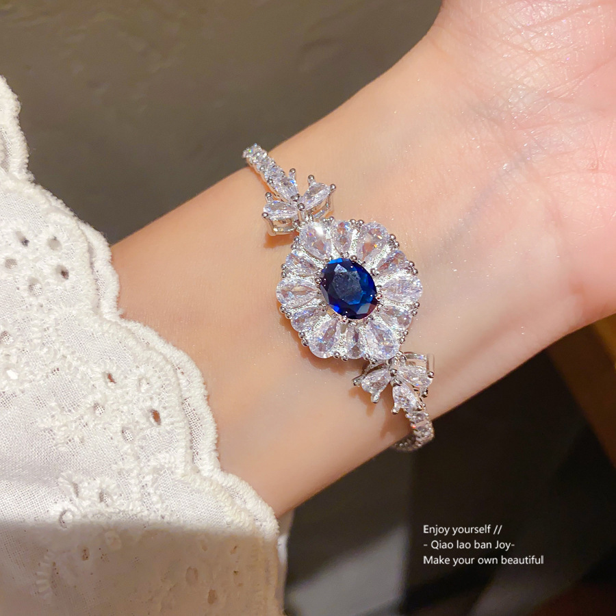 Silver - Toned Bracelet With Blue Oval Crystal, Surrounding Clear Crystal Flower Design Delicate Daily & Elegant Jewelry Gift For Her High - Quality A