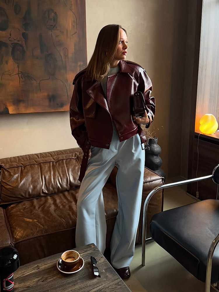 Outerwears Leather Jackets For Women Loose Fit Short Coats With Belt 2025 Chic Autumn Lapel Collar Daily Street Wear Outerwears