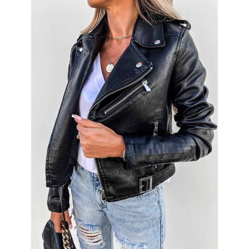 Women's Top PU Leather Jacket Motorcycle Short Zipper
