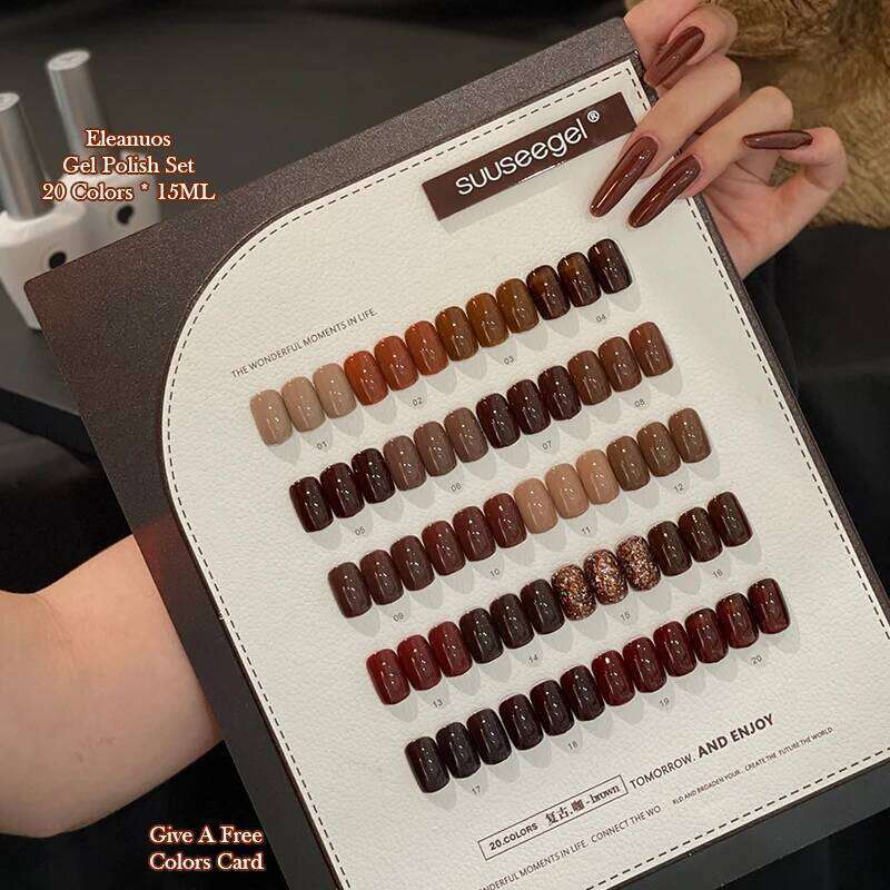 Eleanuos Caramel Coffee Gel Polished 20Pcs Mixed Clearcoat Semi Permanent Brown Shiny Vintage Whitening UV LED Primer Nail Salon