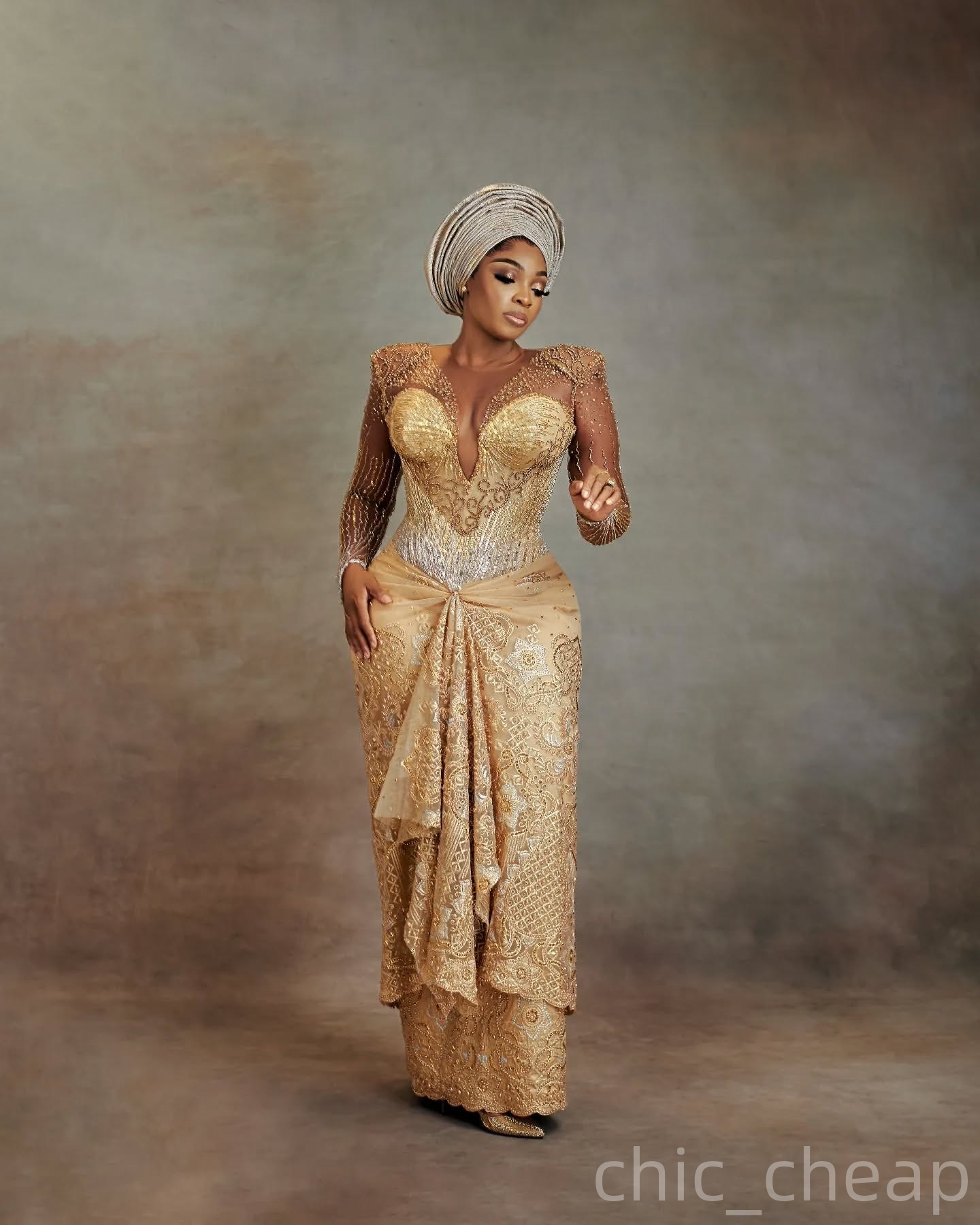 Aso Ebi Gold Sheath Prom Dresses 2025 Lace Beaded Sheer Neck Vintage Evening Formal Party Second Birthday Engagement Gowns Plus Size Dress For Special