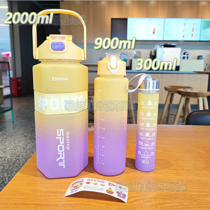 Large Capacity Pet Plastic Cup Gradient Threepiece Set Double Drinking Straw Water Cup Outdoor Sports Portable Handle Cold Water Bottle H250911