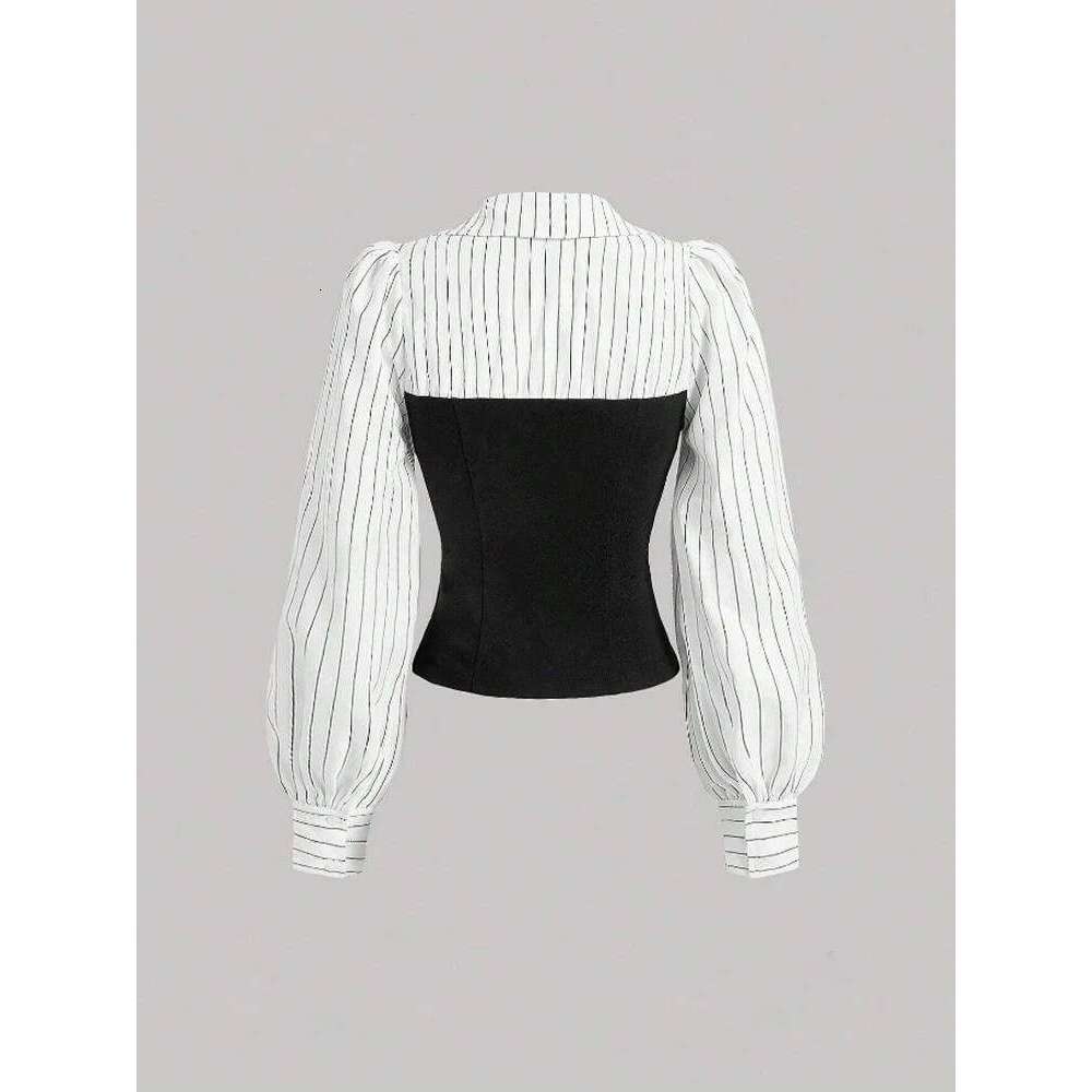 Women's Striped Spliced Lapel Shirt Elegant Fashion Style Business Casual Office Wear