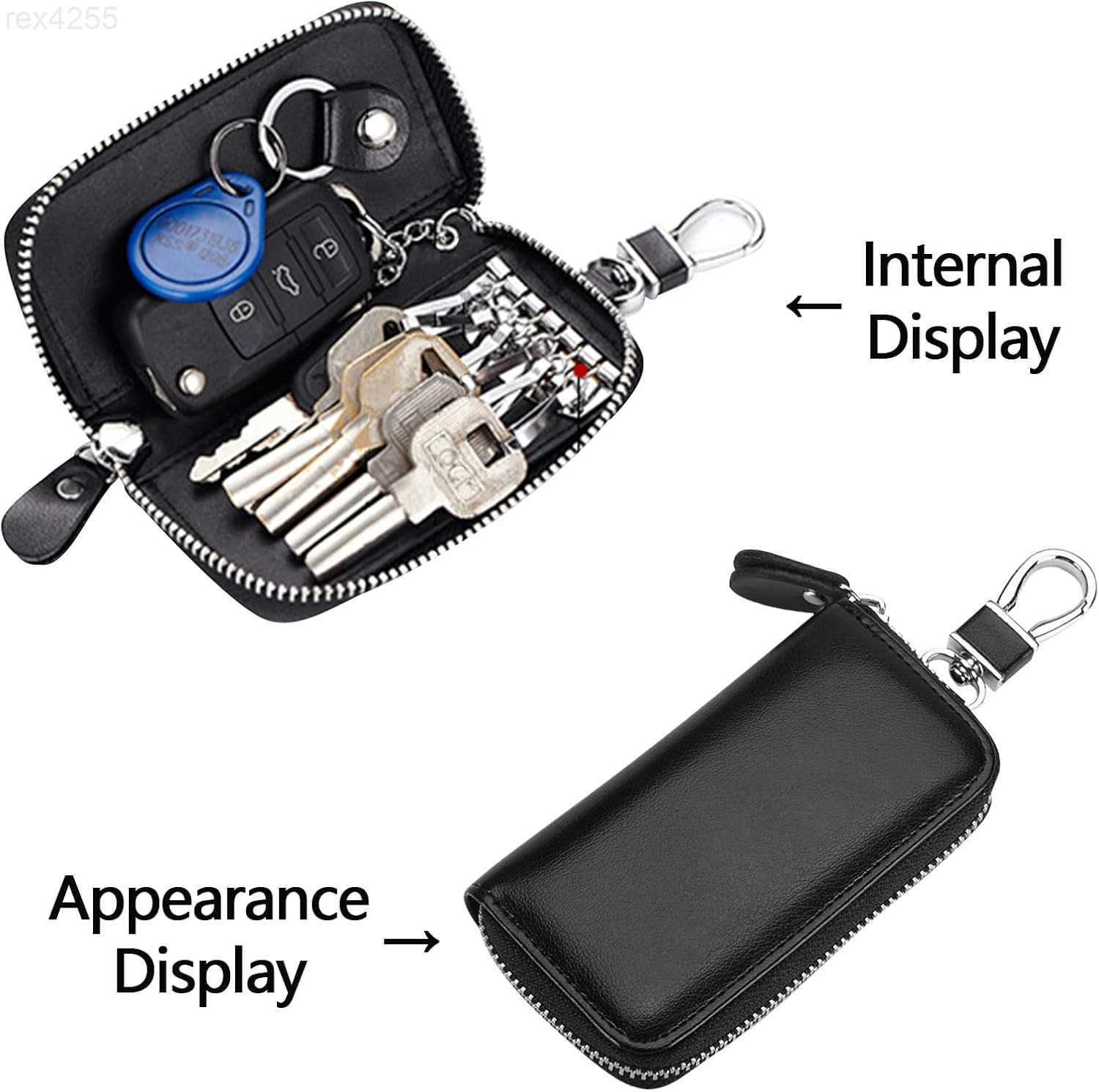 Leather Car Key Case Holder Black Keychain Case Bag Universal Car Key Fob Bags for Men Women Auto Key Chain Protector Cover Key Ring Zipper Bag with 6