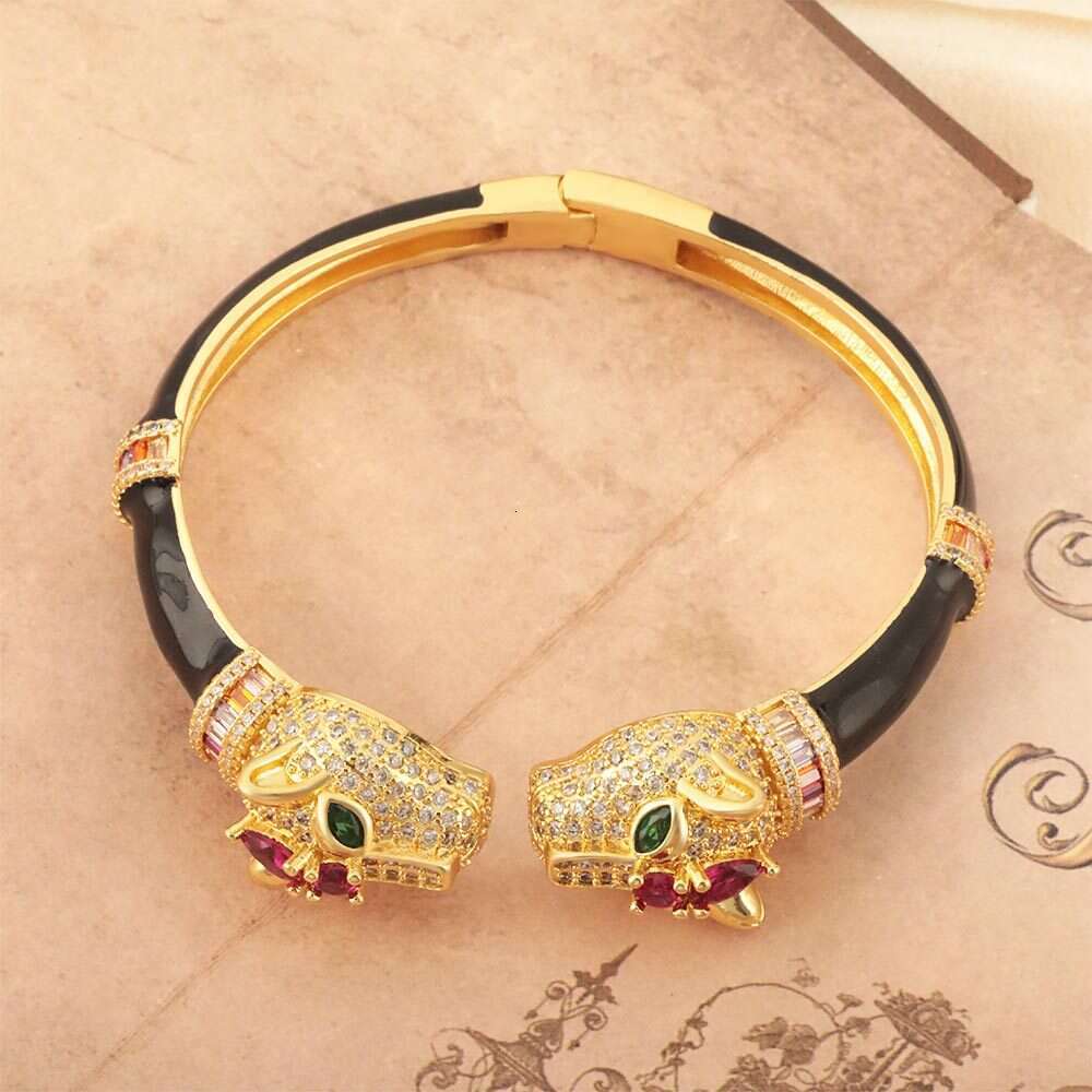 New Trend Heavy Craft Light Black Panther Open Bracelet Real Gold Plated Copper Micro Inlaid Zircon Jewelry