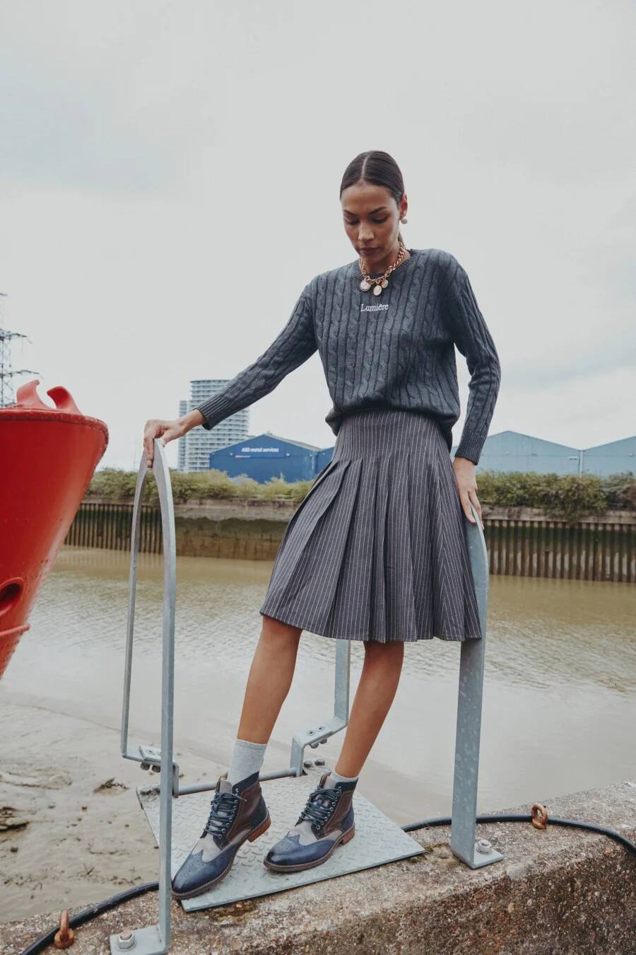 AS AW25 pinstripe collection slip dress knit mockneck top embroidery cableknit + stripe pleat skirt dongdumaoyi