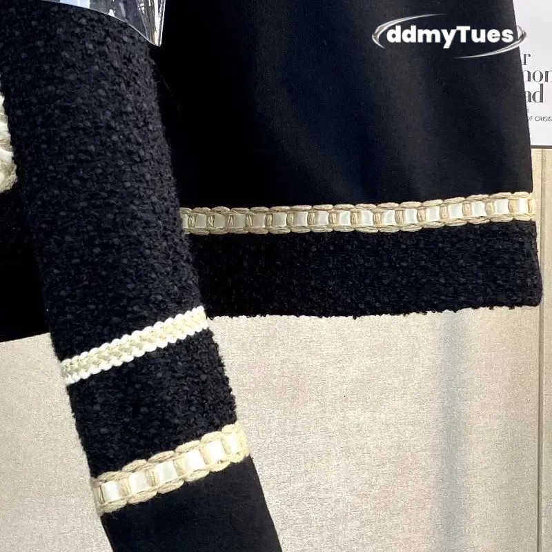 Winter Vintage Small Fragrant Black Tweed Coat Woolen Jacket Two Suit Wrap Hip Mini Skirts Dress Sets Fashion Clothes Women 240708 TUES