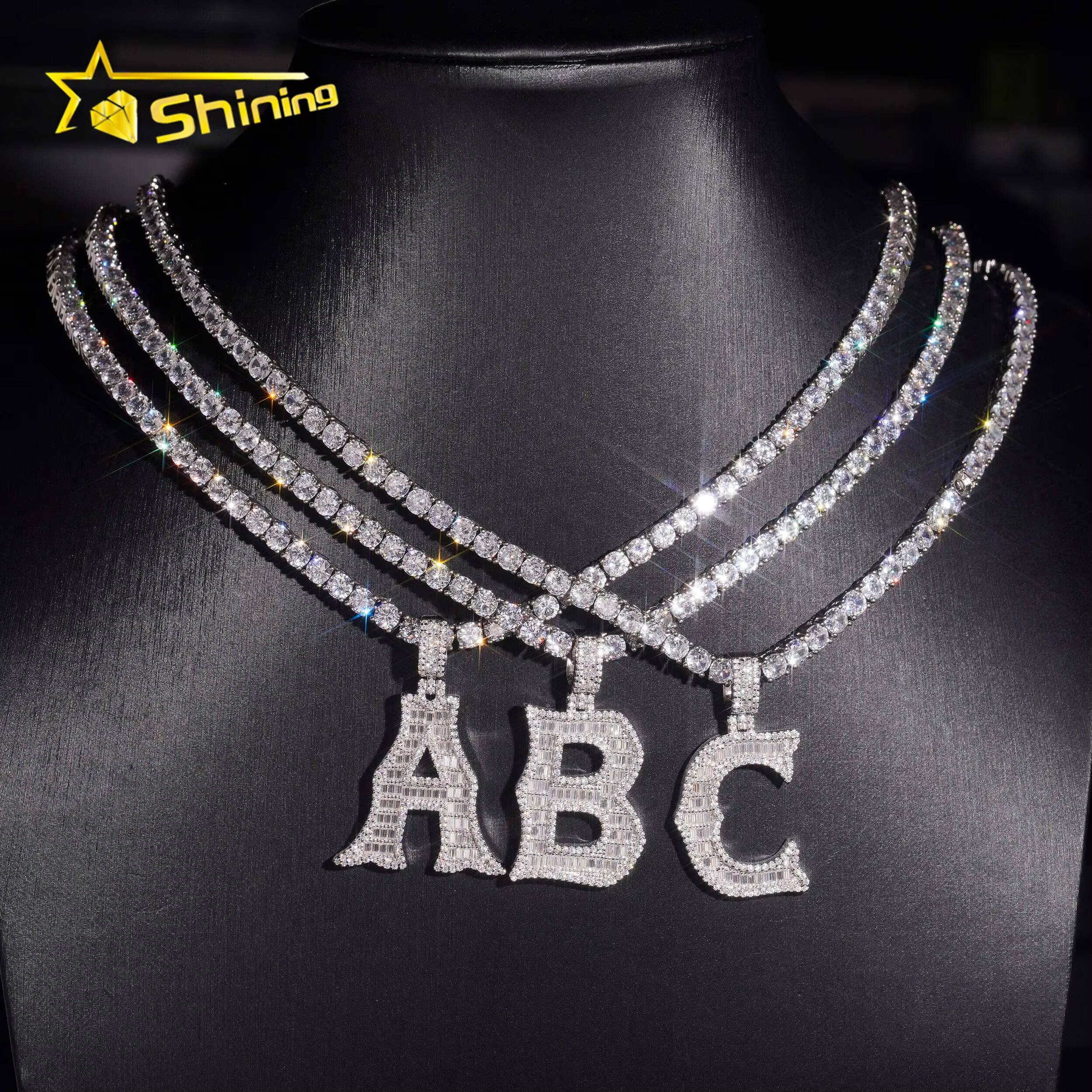 Pass Diamond Tester Baguette 925 Silver Hip Hop Bling Iced Out Moissanite A B C Letter Pendant