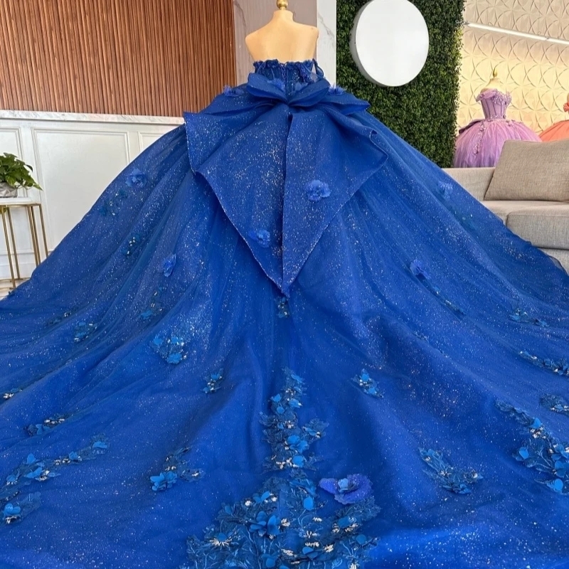 Royal Blue Quinceanera Dresses Ball Gown Off The Shoulder Applique Flower Beads Bow Tull Corset Party Birthday Sweet 16 Dress Vestidos 15 De Anos