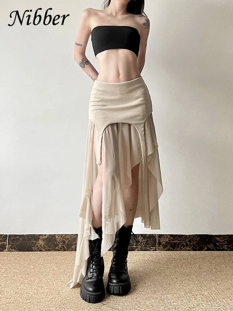 Nibber 2024 Summer Solid Color Simple All-match Casual Sexy Fimbriate High Street Trendy Cool Women's Laminated Ruffled Skirt dongdumaoyi