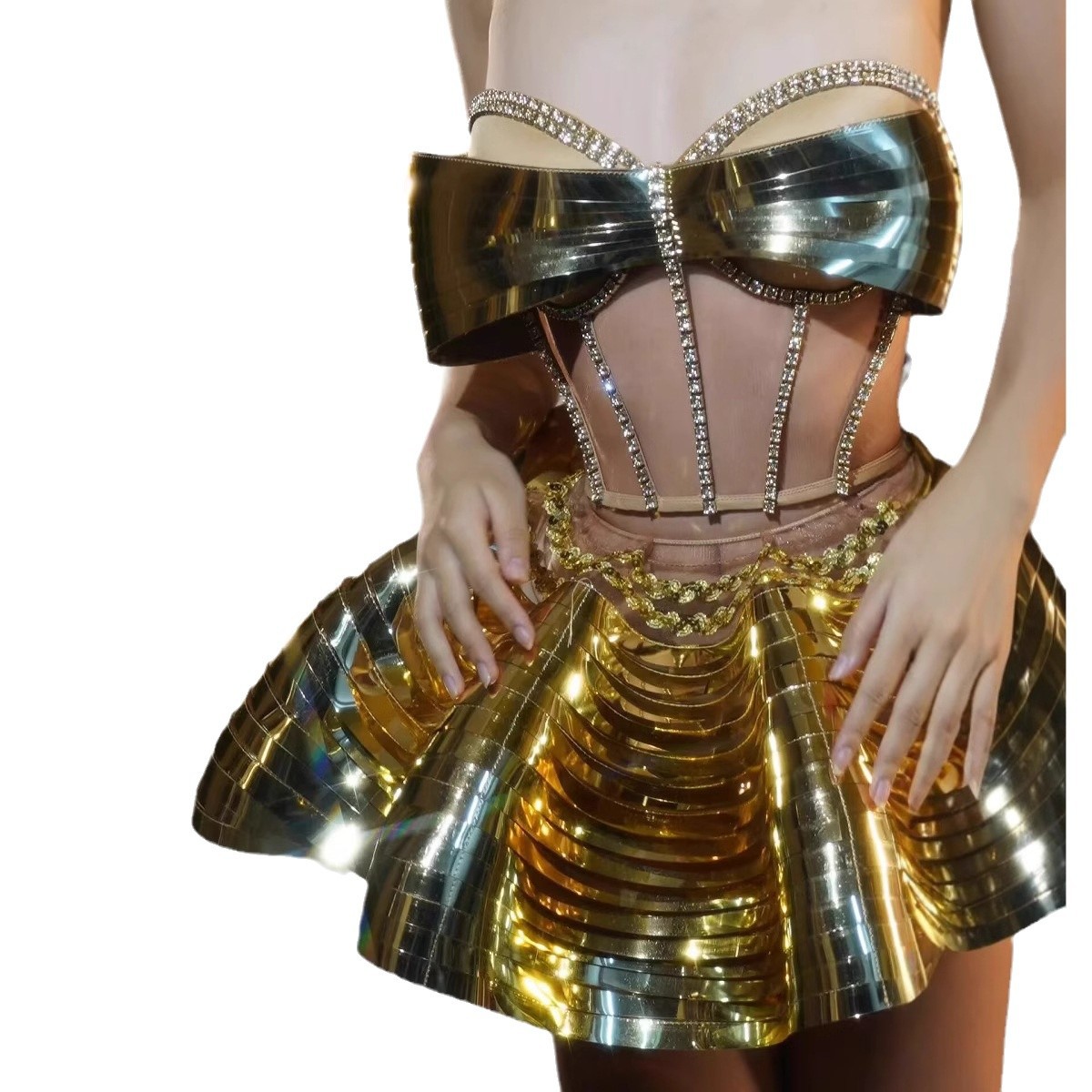 Stage Wear Flying Saucer Performance Outfit - Silver Short Skirt Set with Multi-Layer 3D Bow Hem EDM Festival Dance Costume
