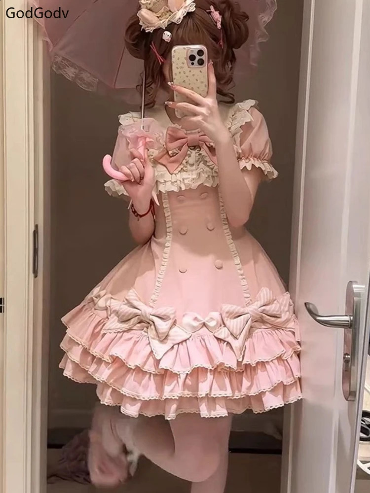 2025 Japanese Sweet Lolita Kawaii Dress Women Spring Printed Bow fake Two Piece Dress Female Korea Style Party Clothing250910