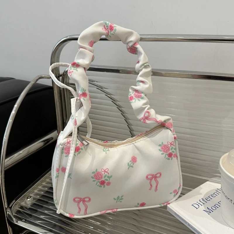 Womens Bags 2025 Summer Canvas Pleated Handbags Armpit Bag Korean Floral Bow Printed Zipper Tote Bag Female Small Shoulder Bag W250911