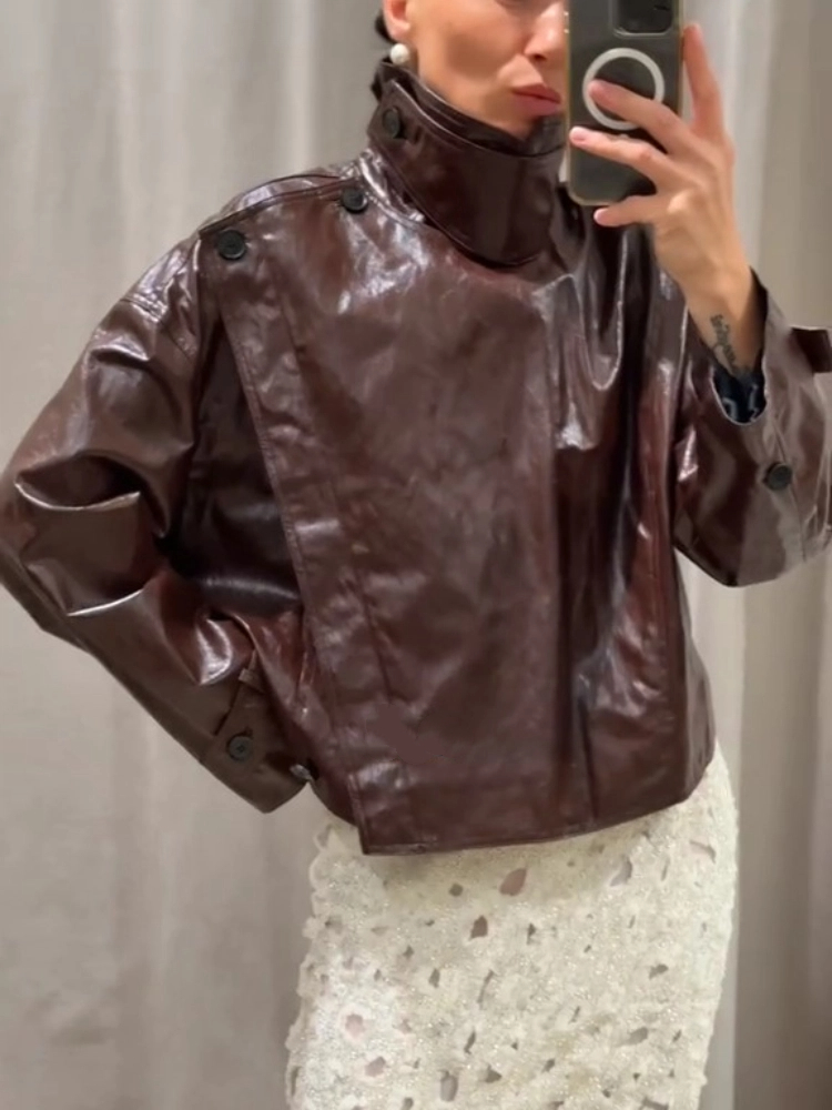 Leather Women's Jacket Burgundy Stand Collar Long Sleeve Asymmetry Button Female Coat Autumn Lady Street Locomotive Outerwear