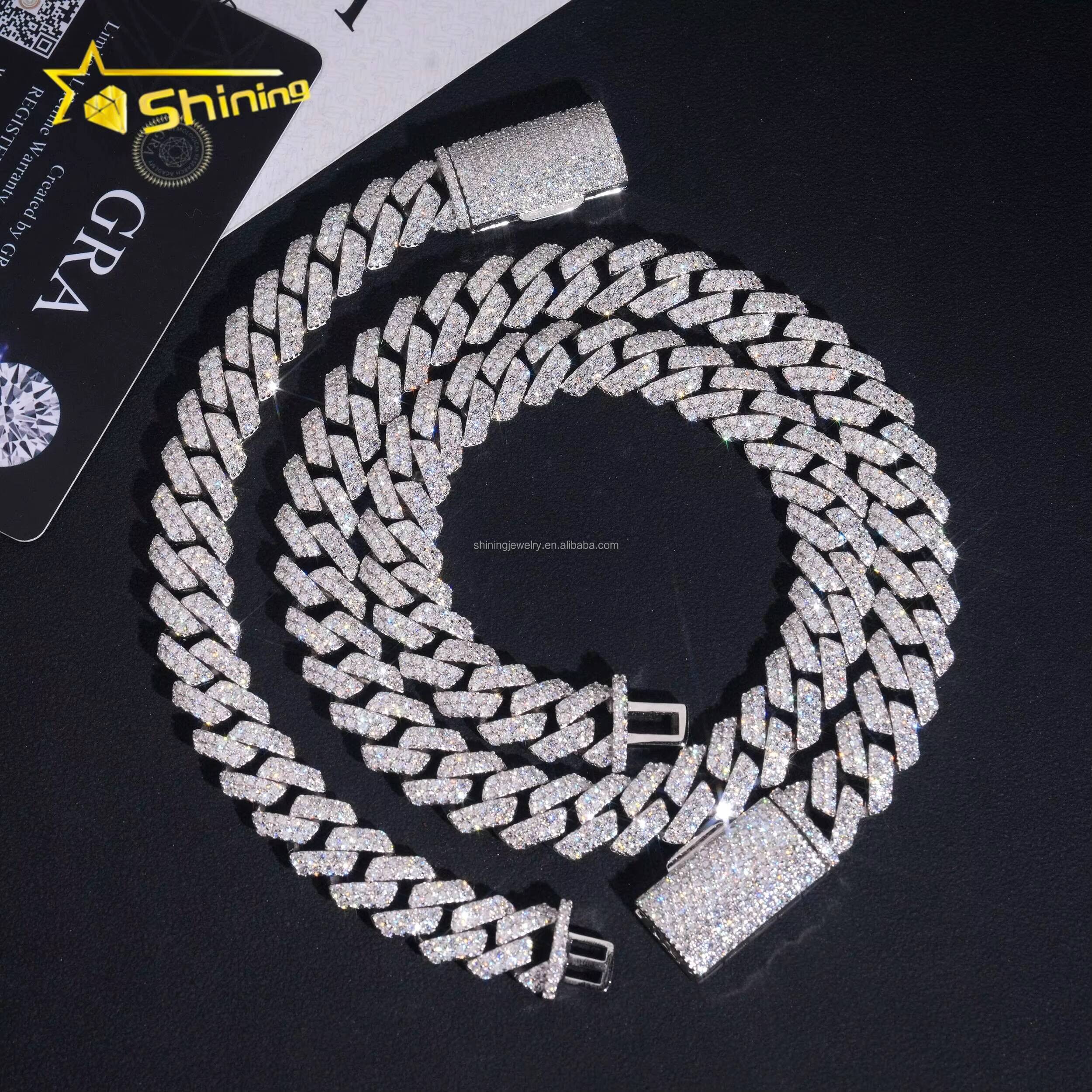 In Stock Luxury Jewelry Prong Setting 12mm Two Rows Iced Out Moissanite Diamond White S925 Sterling Silver Cuban Link Chain