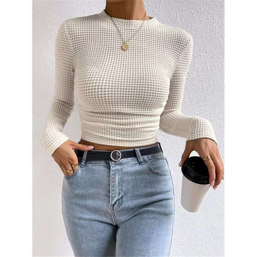 2025 Autumn Winter Slim Fit Long Sleeve Plaid Round Neck Women's T-Shirt with Ruched Detail