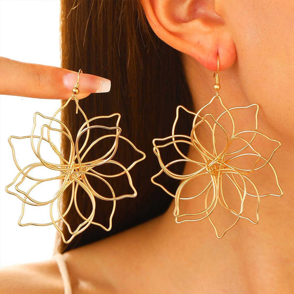 Big Gold Wire Flower Earrings for Women Simple Large Hollow Floral Drop Dangly Earring Charm Silver Trendy Dangling Ear Aesthetic Jewelry GiftsW250911