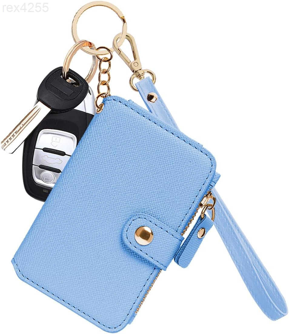 Wallet Womens Wallet Leather Keychain Wallet With Zipper Coin Pocket ID Window Wrist Strap Gift Box Sky BlueW250911