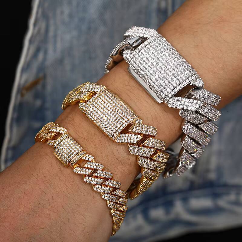 Fashion Jewelry Hip Hop Iced Out 18K Gold Plated Copper CZ Zircon Crystal Luxury Miami Cuban Link Chain Bracelet for Men Women