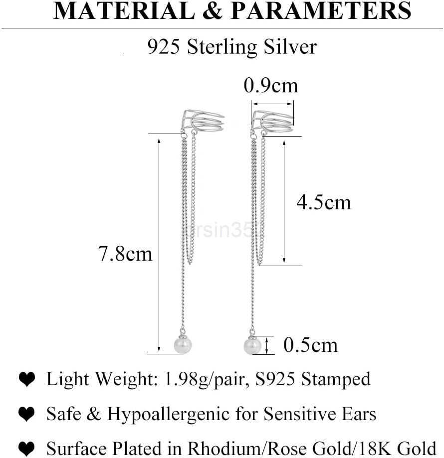 925 Sterling Silver No Piercing Cuff Earrings Chain for Women Wrap Earrings Pearl Tassel Clip On EarW250911