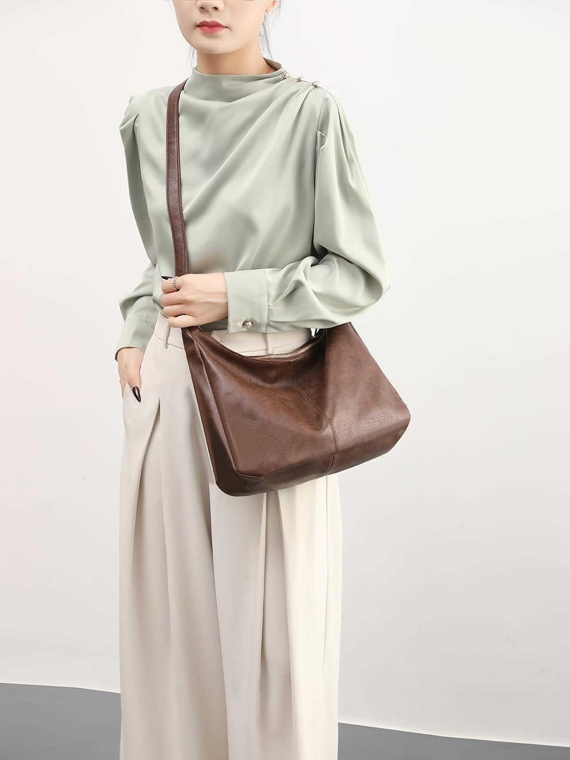 Bags for Women Foldable Vegan Leather Shoulder Handbag Slouchy Tote Crossbody PursesW250911