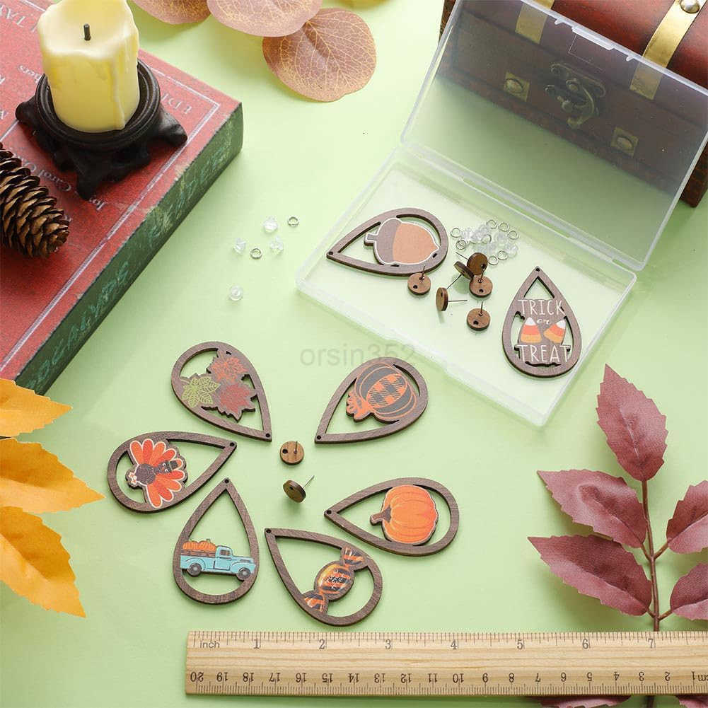 1 Box 72Pcs DIY 8 Pairs Thanksgiving Dangle Making Starter Kit Thanksgiving Earrings Bulk Wood Teardrop Charms Wooden Fashion Earrings for Jewelry Mak