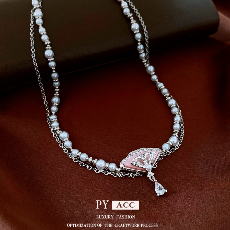 Luxury Brand Designer Jewelry Light Luxury Zircon Pearl Fan-Shaped Water Drop Necklace French Retro Versatile Collarbone Chain Niche High-End Sense Ne
