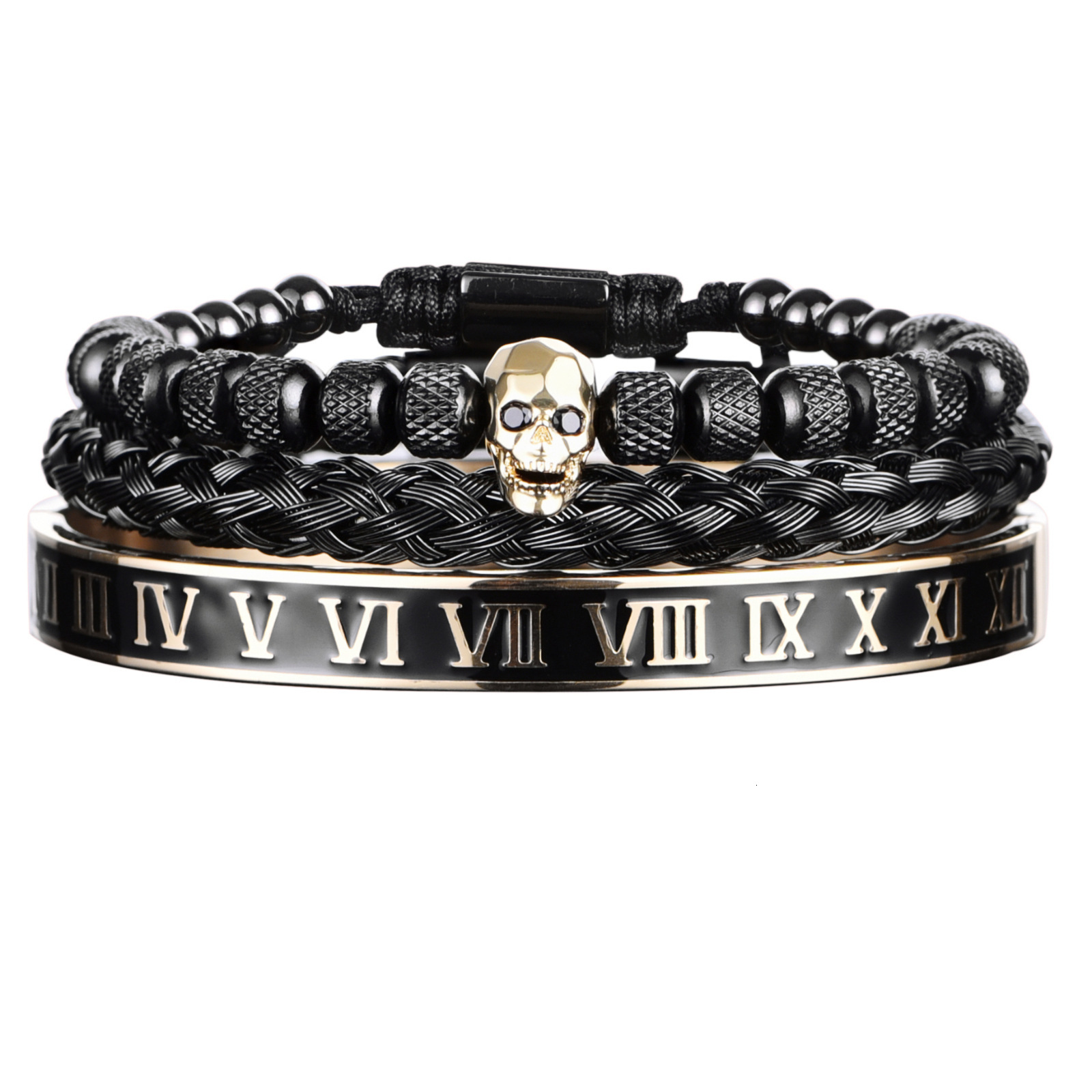 Cut Faced Ghost Head Braiding Bracelet Set Stainless Steel Dripping Roman Numeral Twist Bracelet for Men
