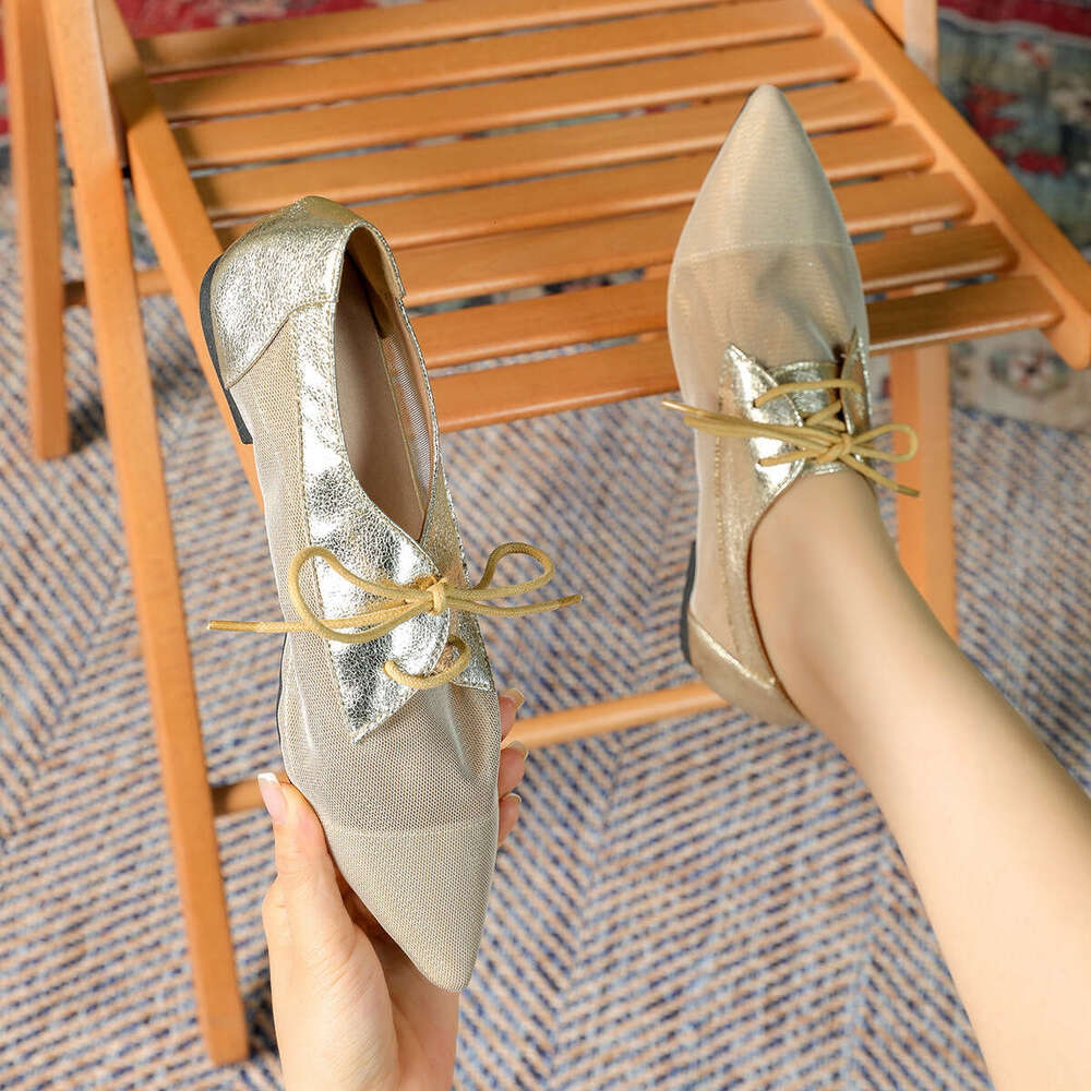 Large Size Designer Shoe 35-45 Pointed Toe Mesh Lace-up Flats Spring Summer Women's Shoes Polka Dot Breathable Sandals