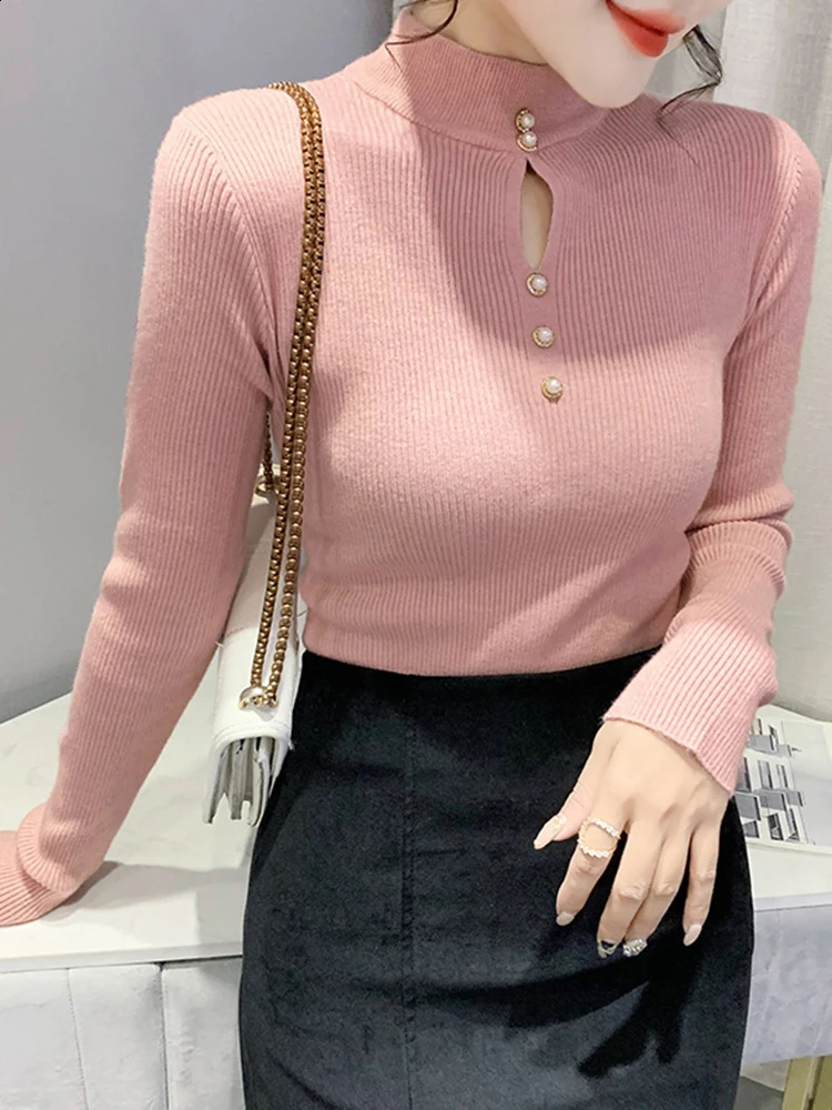 2026 Autumn Winter Pullovers Hollowout Sweaters Long Sleeve Women Half High Collar Sweater Female Slim Korean Knitwears Tops 250911