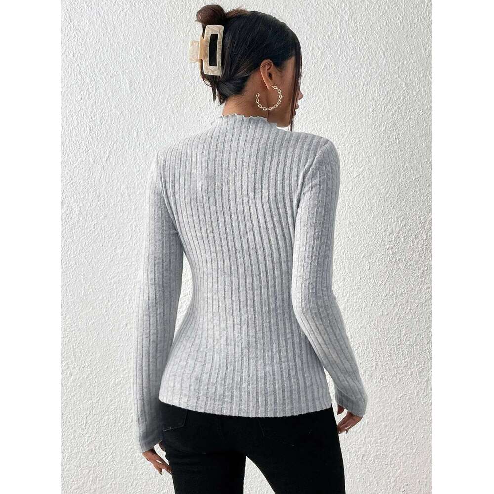 Fashion Slim Ruffle Neck Knit Long Sleeve Top, Lace Mid-Collar Women's Striped Bottom Shirt, Autumn And Winter Casual Sweater