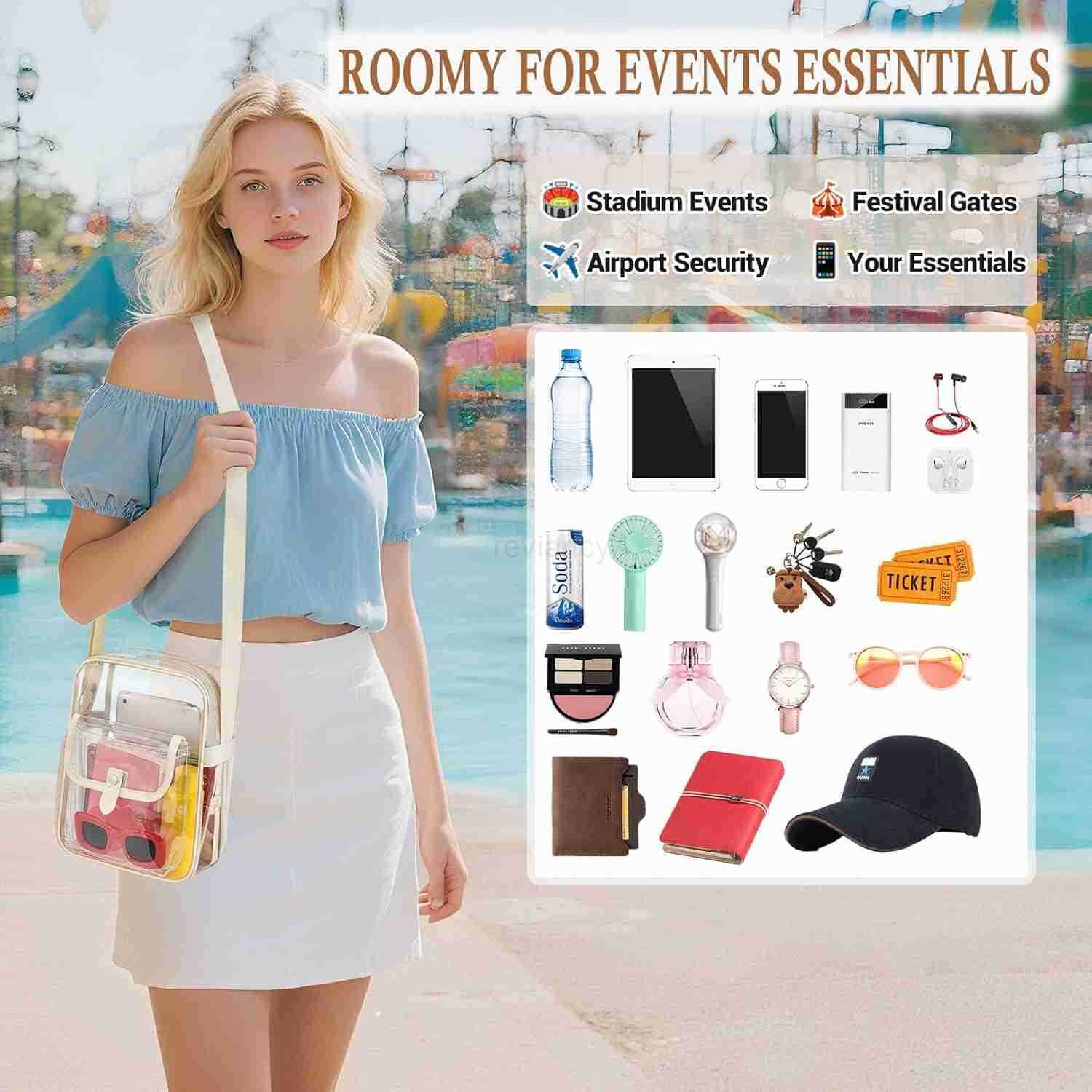 Clear Crossbody Bag for Stadium Events Concerts Adjustable Shoulder Strap Purse with 1 Bottle HolderW250911