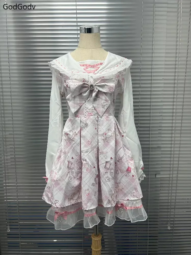 2025 Japanese Sweet Lolita Kawaii Dress Women Spring Printed Bow fake Two Piece Dress Female Korea Style Party Clothing250910