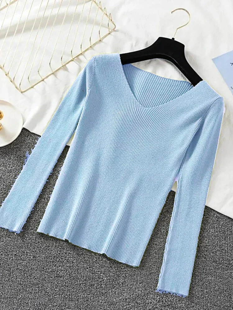 Women Sweater Autumn Knitwears Winter Long Sleeve Pullover Basic Top Fashion Vneck Elastic Female Solid Knitted Jumper 250911