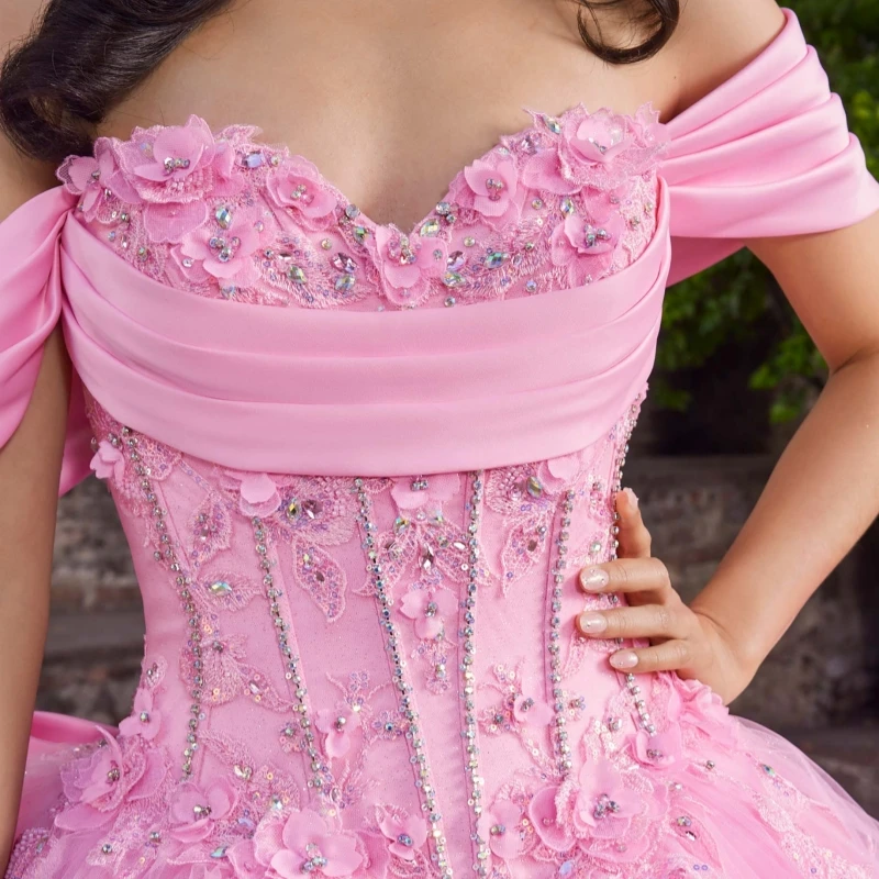 Pink Quinceanera Dresses Ball Gown Off The Shoulder Applique Lace Beads Bow Tull Sweet 16 Dress Vestidos 15 De Anos