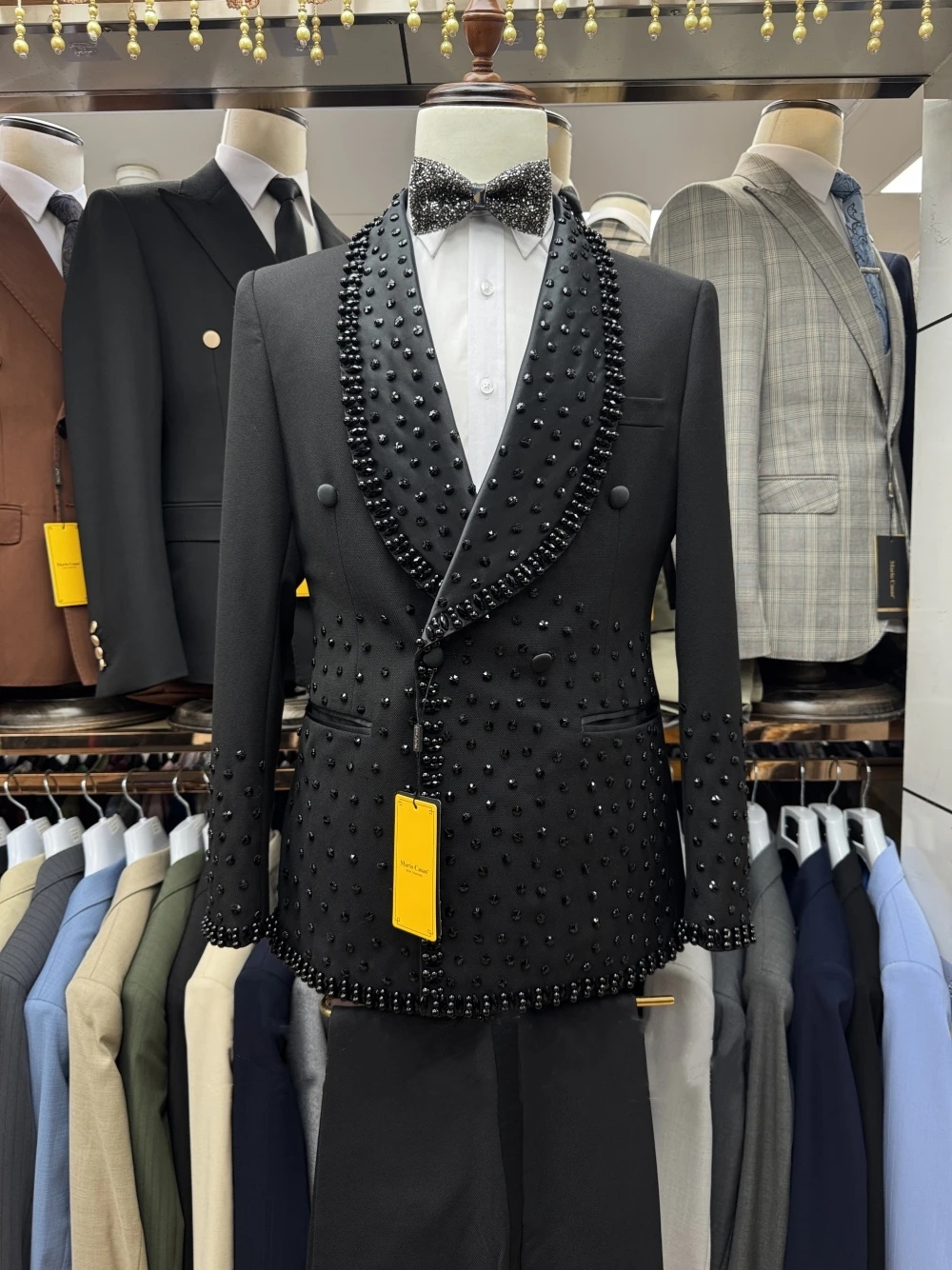 Vintage Men's Suit Crystal 2 Pieces Set Jacket Tailor-Made Blazer Double Breasted Beaded Rhinestone Groom Customized Coat Pants Plus Size