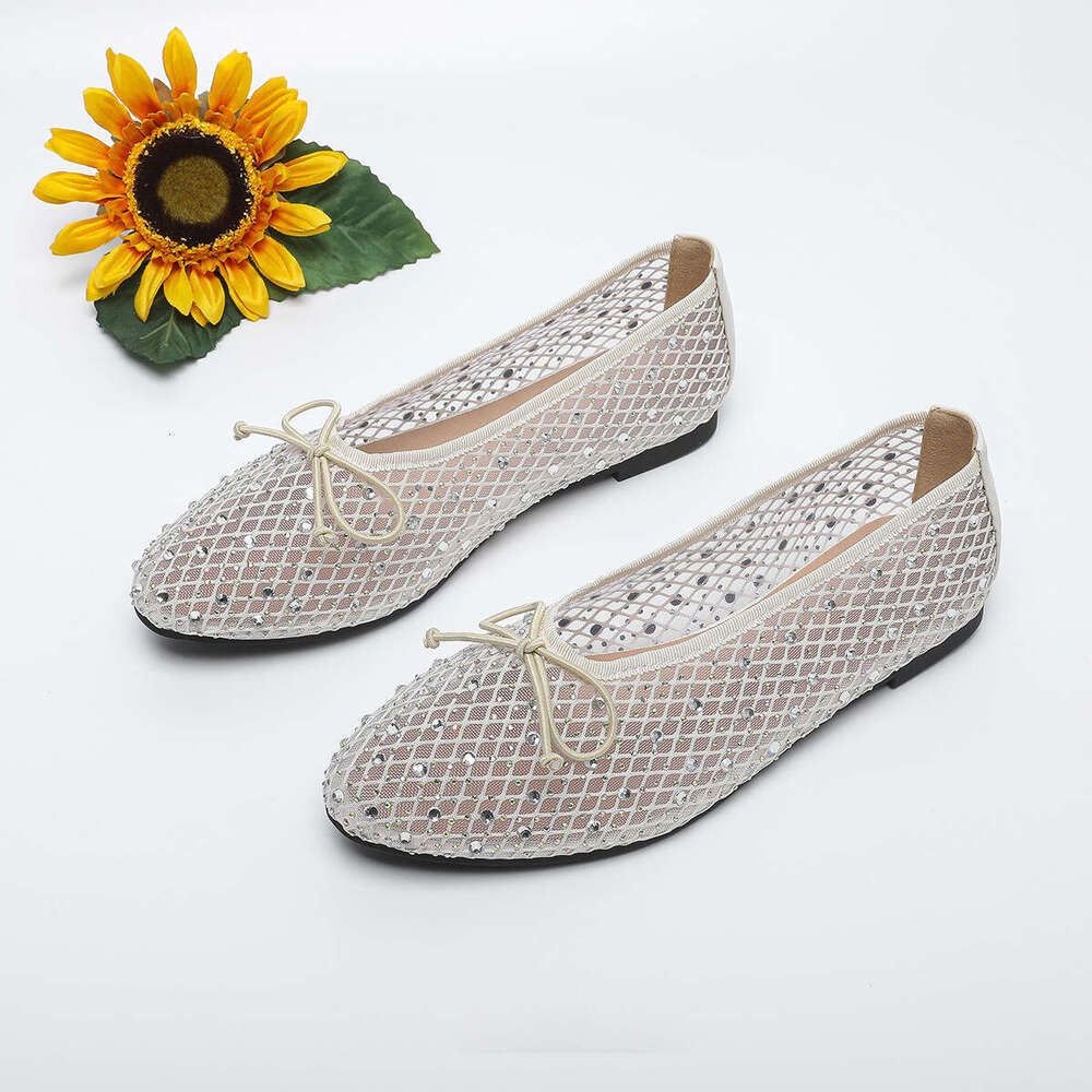 35-43 Plus Size Women's Round Toe Shallow Mouth Non-Slip Flat Shoes Mesh Designer Shoe with Rhinestones Bowknot Breathable