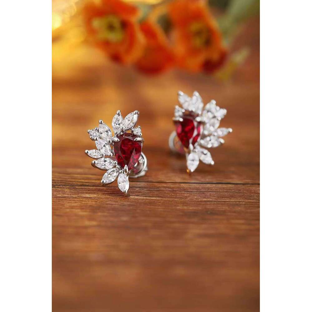 14k White Gold Ruby Moissanite Earrings D Color Marquise Cut Elegant Classic Design Custom Veet Clasp Women's Gift