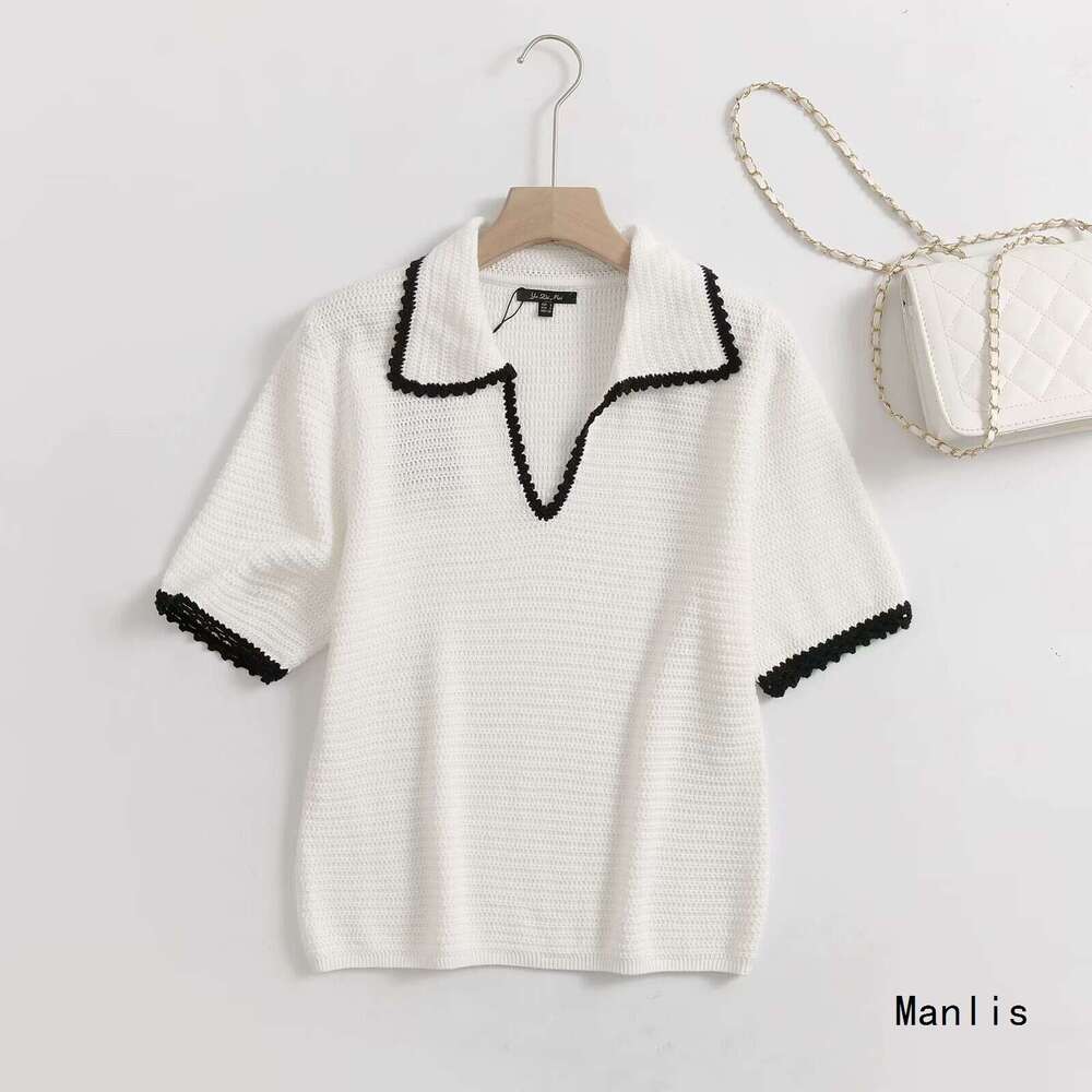 DHEssentials Spring New Women's Small Fragrance Style Elegant Fashion Polo Collar Crochet Short Sleeve Knitted Shirt 05731683712