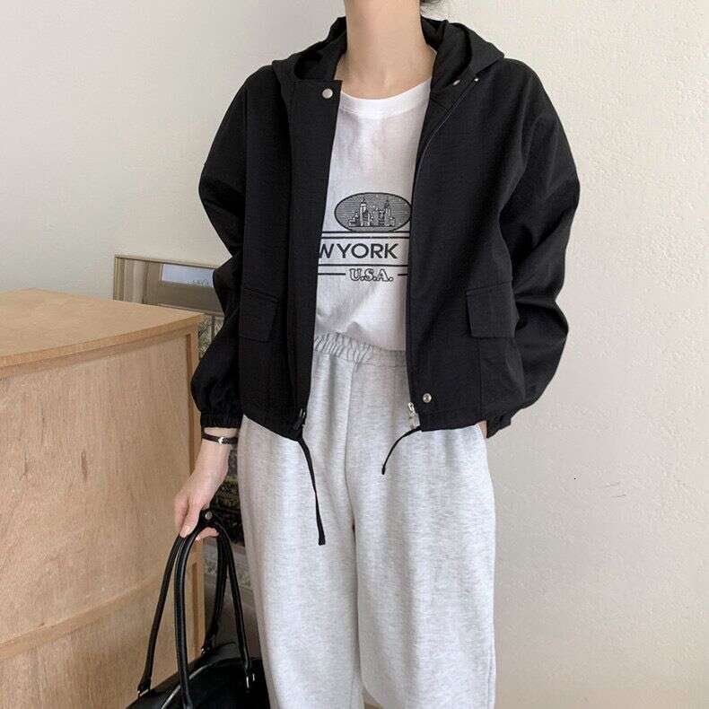 2025 Korean Chic Autumn Hooded Zipper Loose Casual Solid Color Long Sleeved Short Jacket For Women