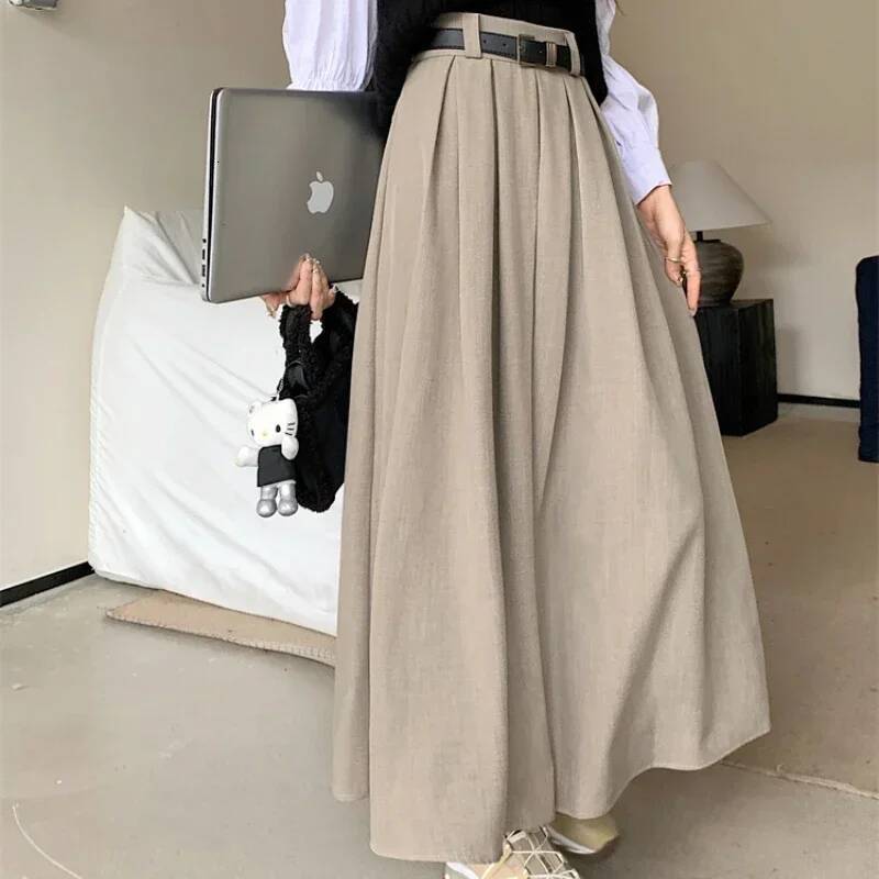 2024 New Korean Solid Color Versatile Mid-length Pleated Large Swing Type Skirt Female Long Skirts for Women dongdumaoyi